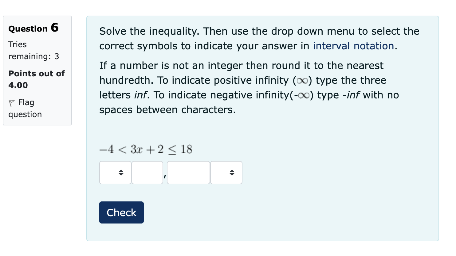 -inf with no spaces Flag question between characters. -2x +3> x -