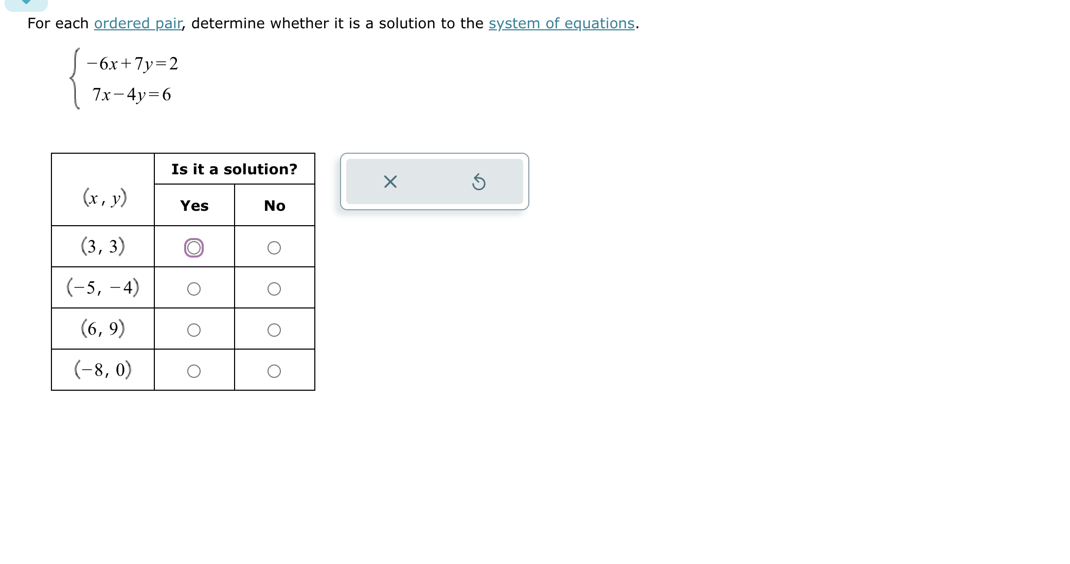  For each ordered pair, determine whether it is a solution to