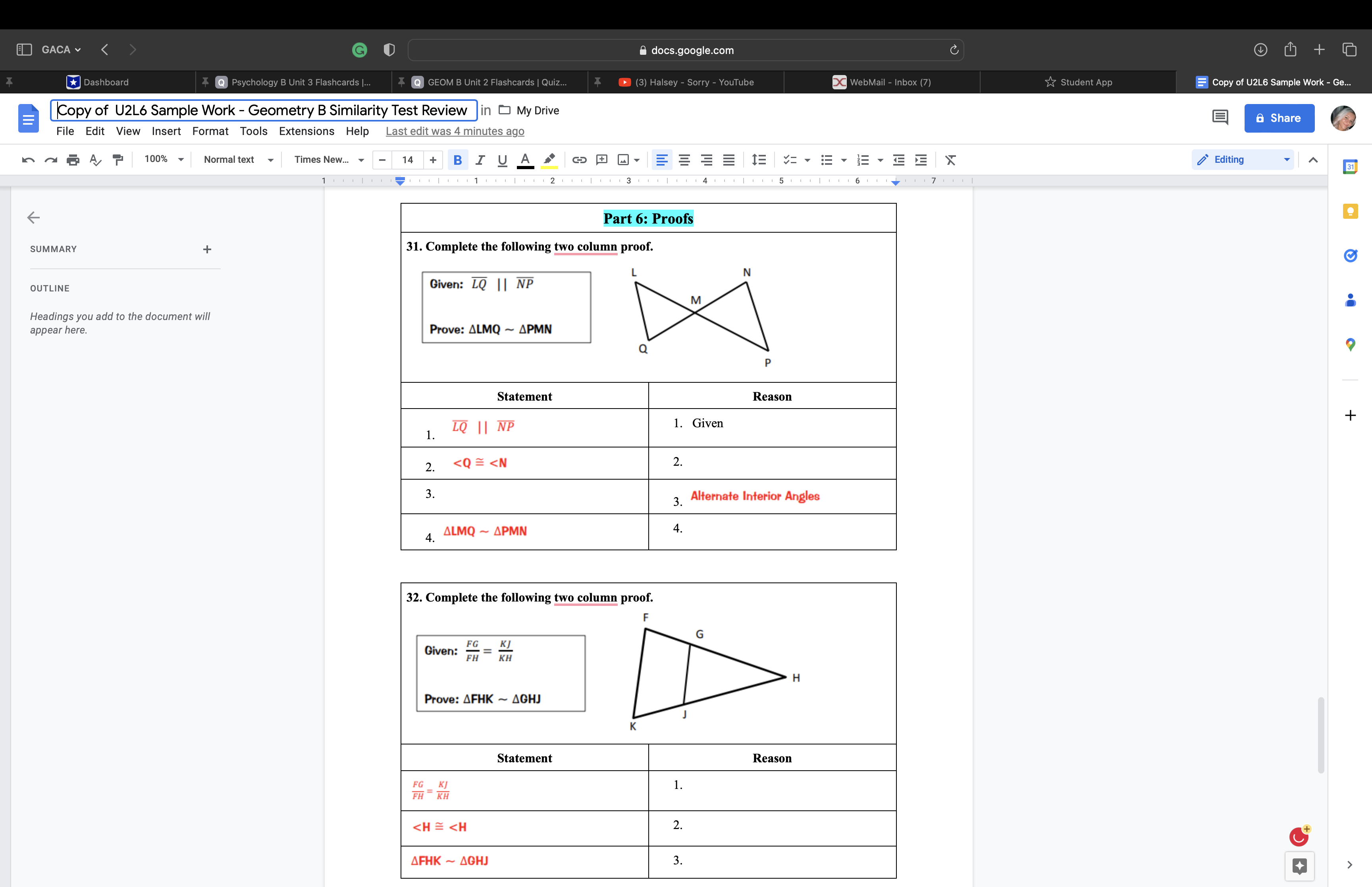 Part 2: Similar Triangles 11. Fill in the corresponding angles based 12.