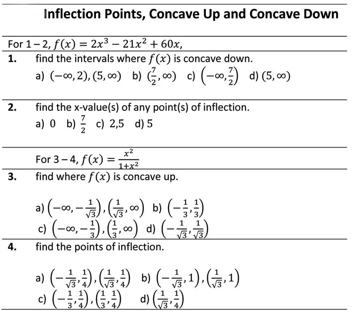 Inflection Points, Concave Up and Concave Down For 1 - 2,