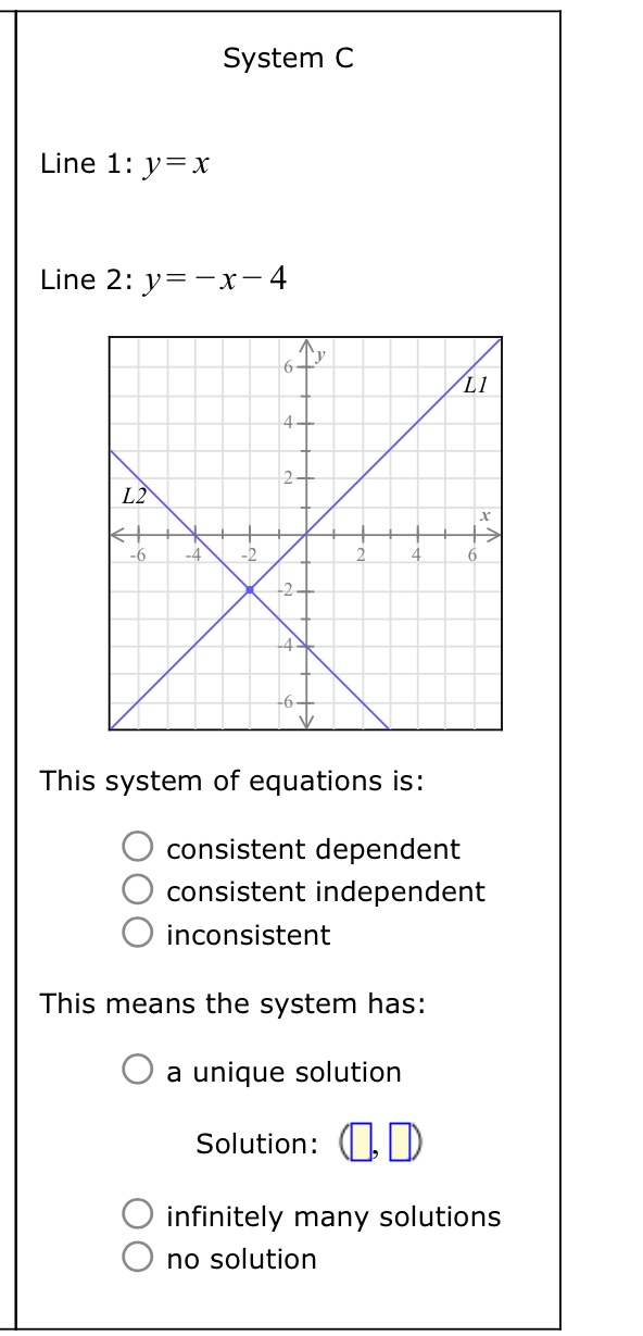For each system of linear equations shown below, classify the system as