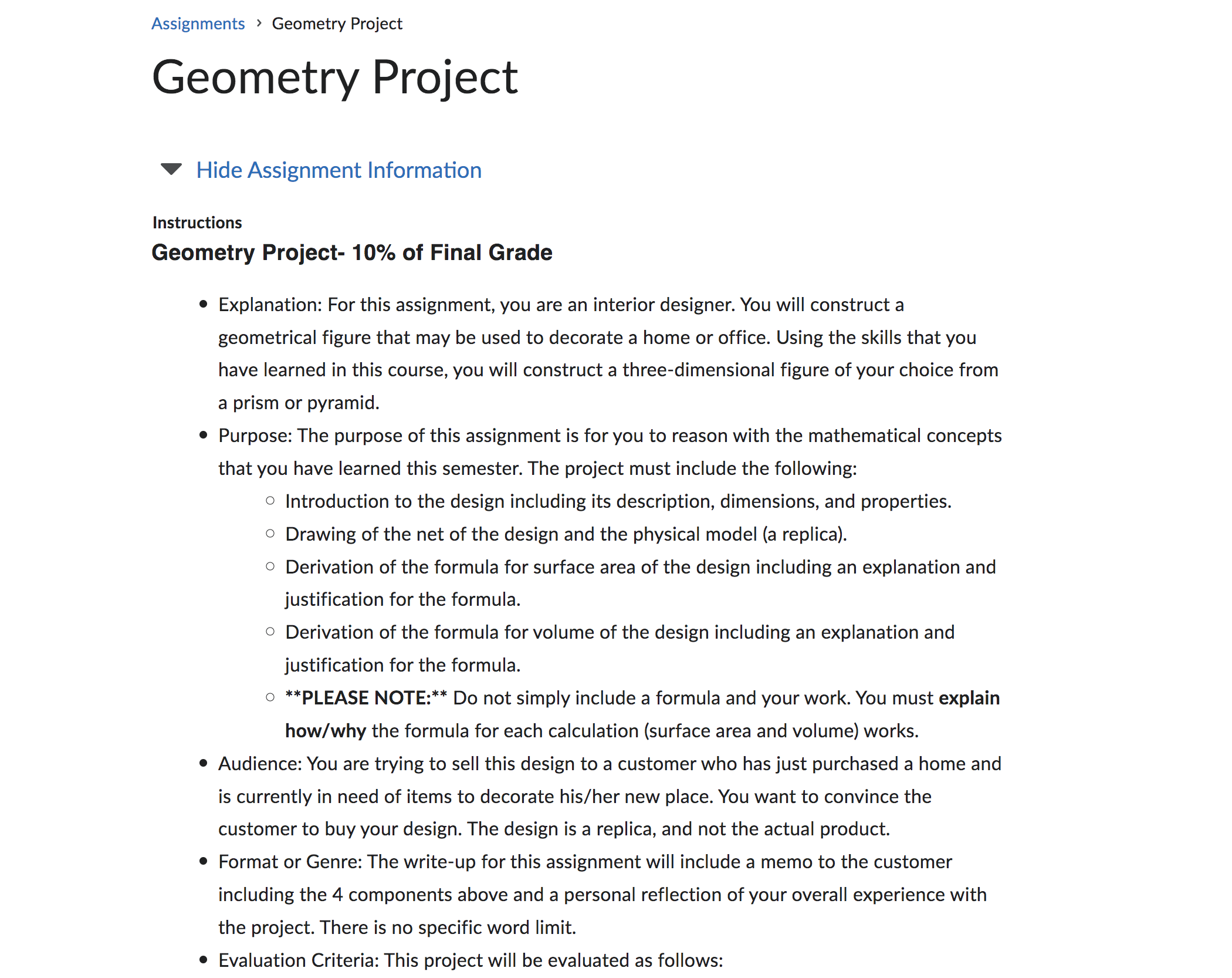  Assignments > Geometry Project Geometry Project V Hide Assignment Information Instructions