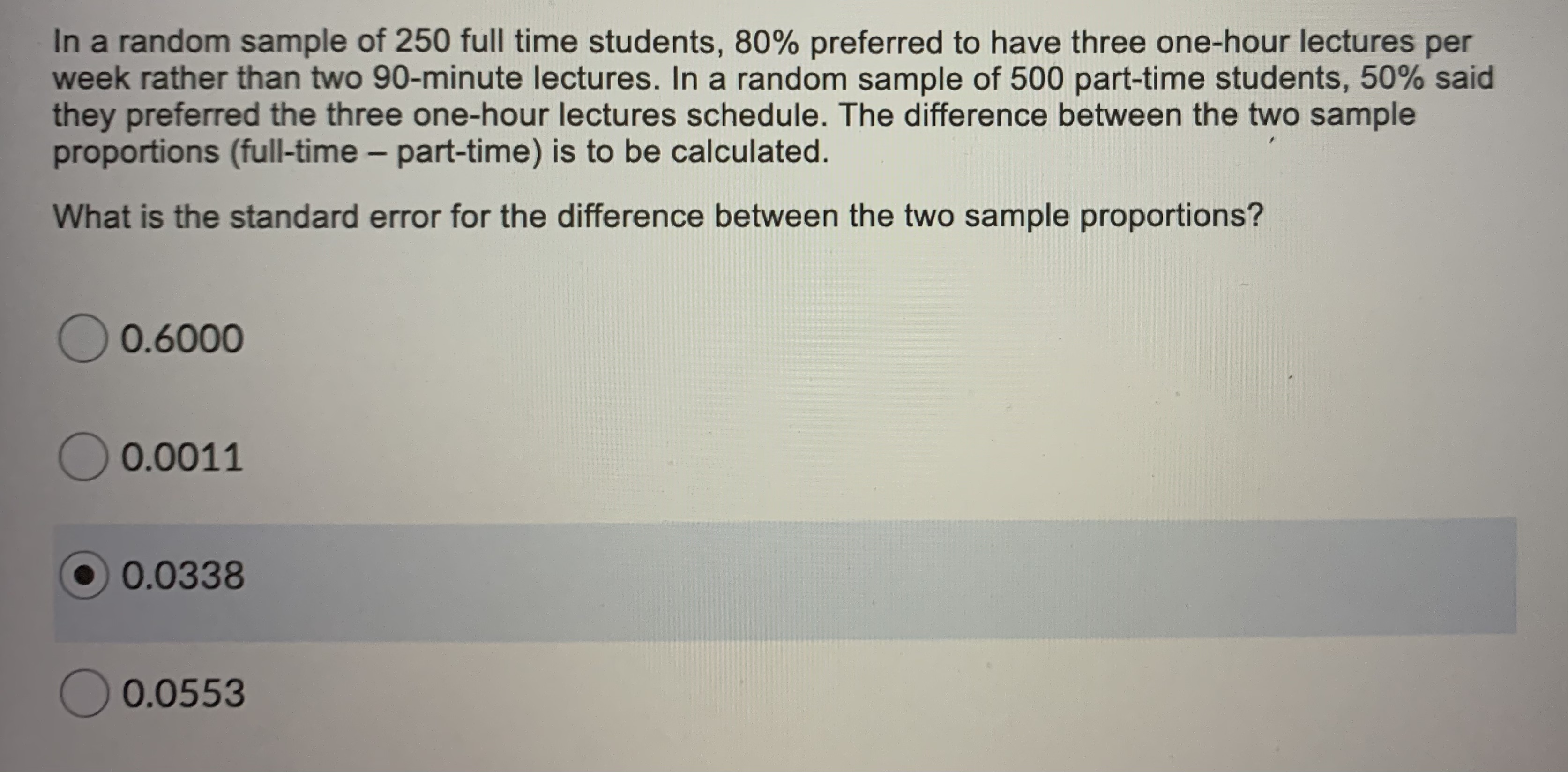 50% said they preferred the three one-hour lectures schedule. The difference between