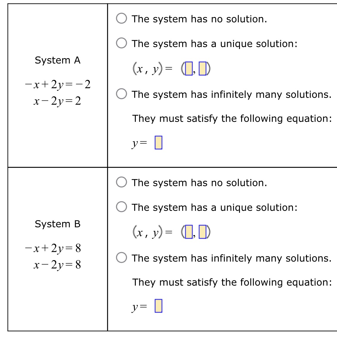 Two systems of equations are given below. For each system, choose the