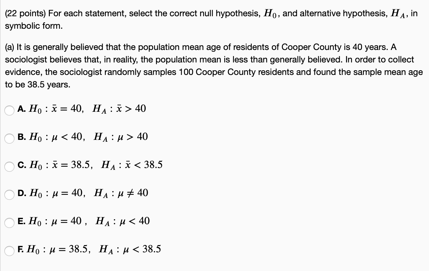 statistics problem 1 (22 points) For each statement, select the correct null