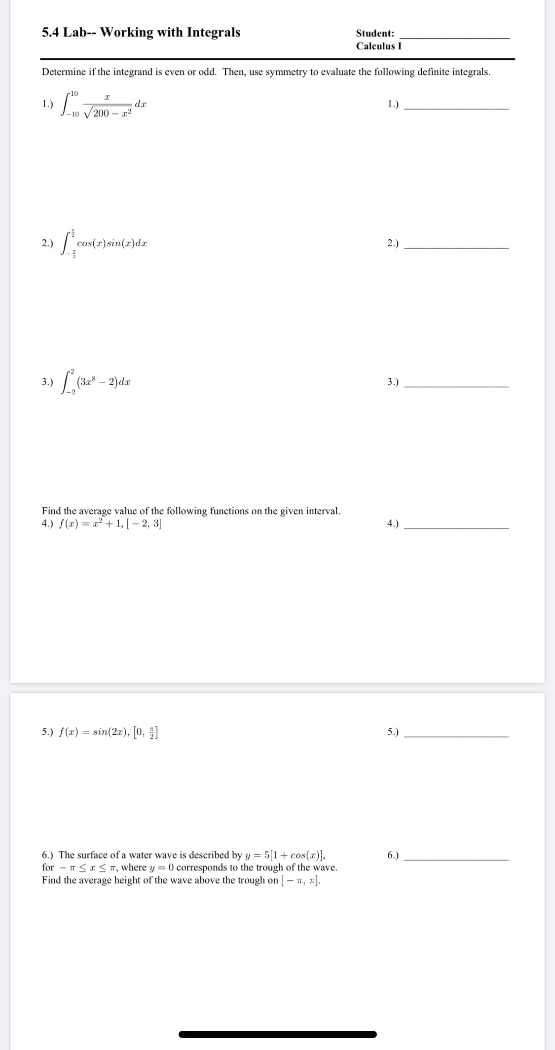 Need help showing work on #1-6 please 5.4 Lab- Working with Integrals