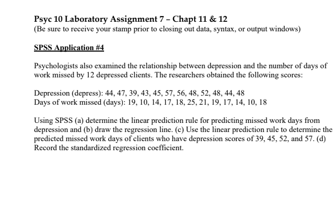  Psycl0 Laboratory Assignment 7 - Chapt 11 & 12 (Be sure