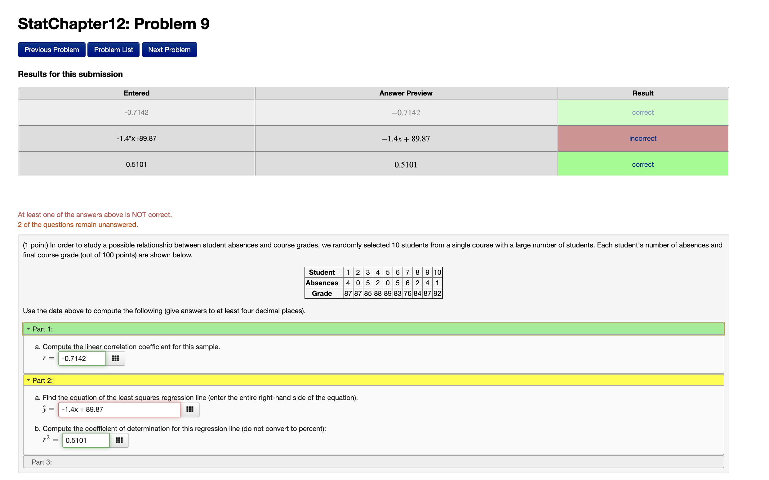 Hi, can someone help me with this question? StatChapter12: Problem 9 Previous