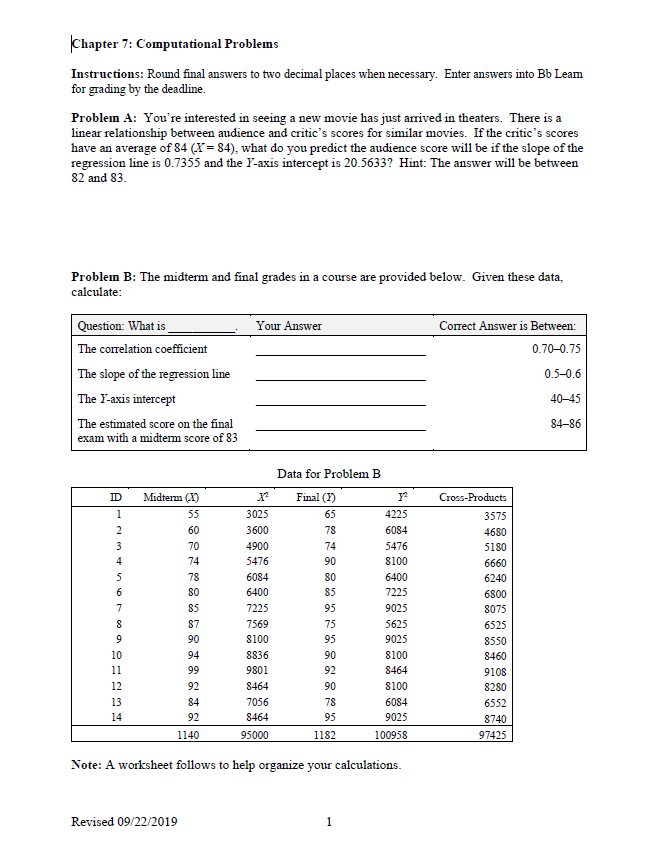 Problem B: The midterm and final grades in a course are provided