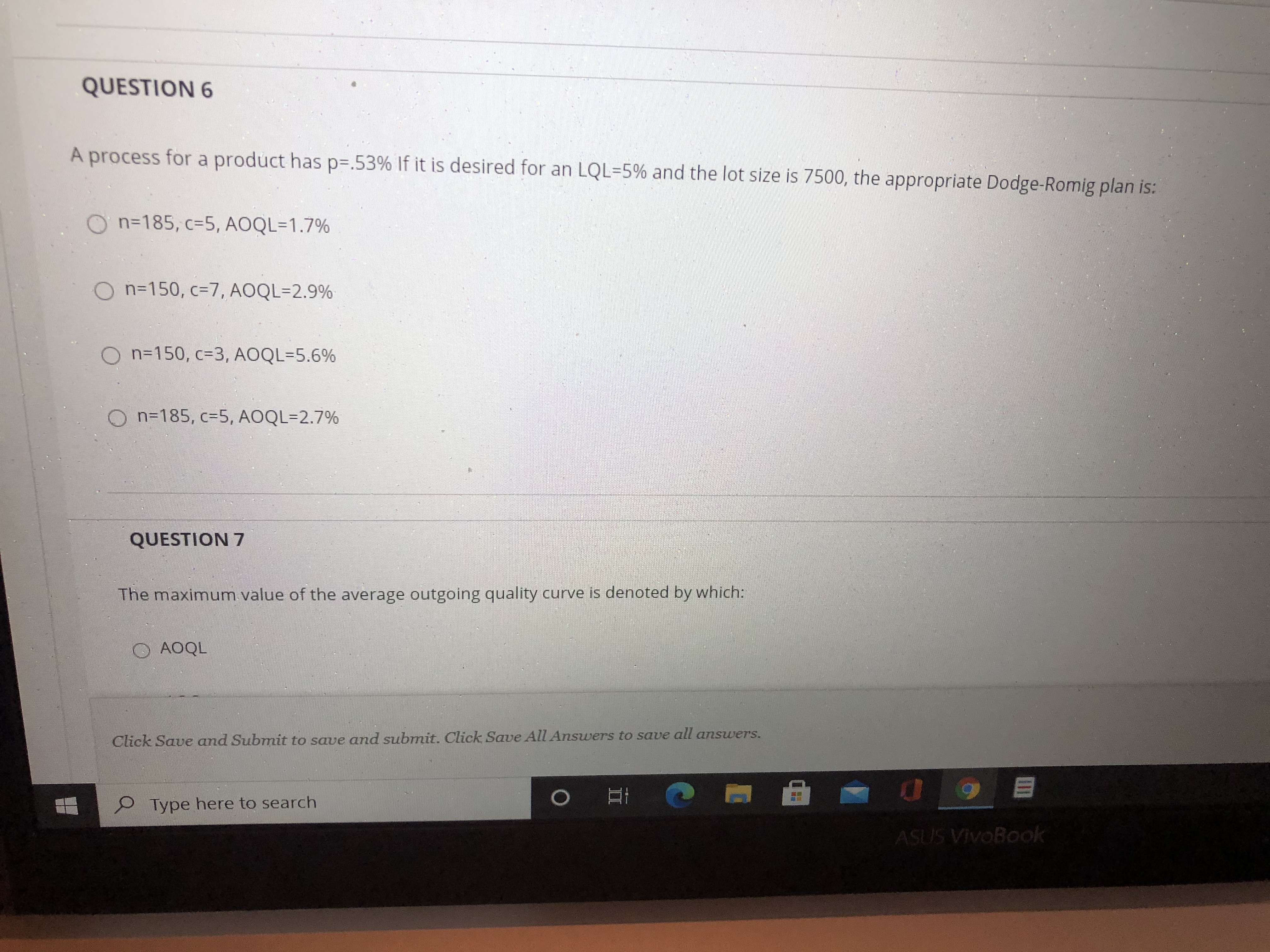  QUESTION 6 A process for a product has p=.53% If it