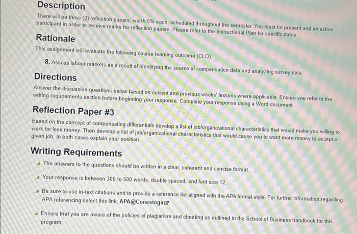  Description There will be three (3) reflection papers, worth 5% each,