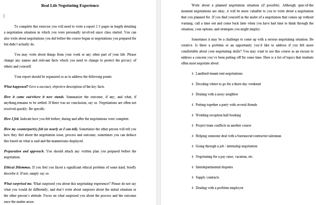  Real Life Negotiating Experience To complete this exercise you will need