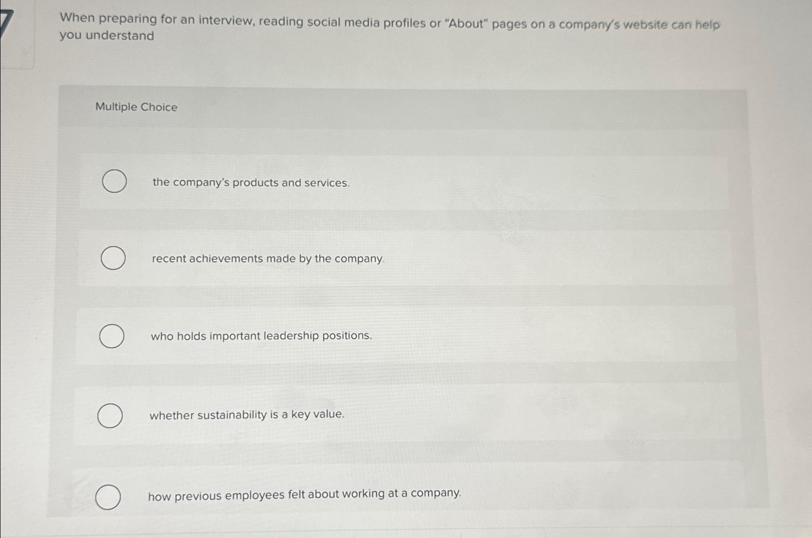  When preparing for an interview, reading social media profiles or "About"