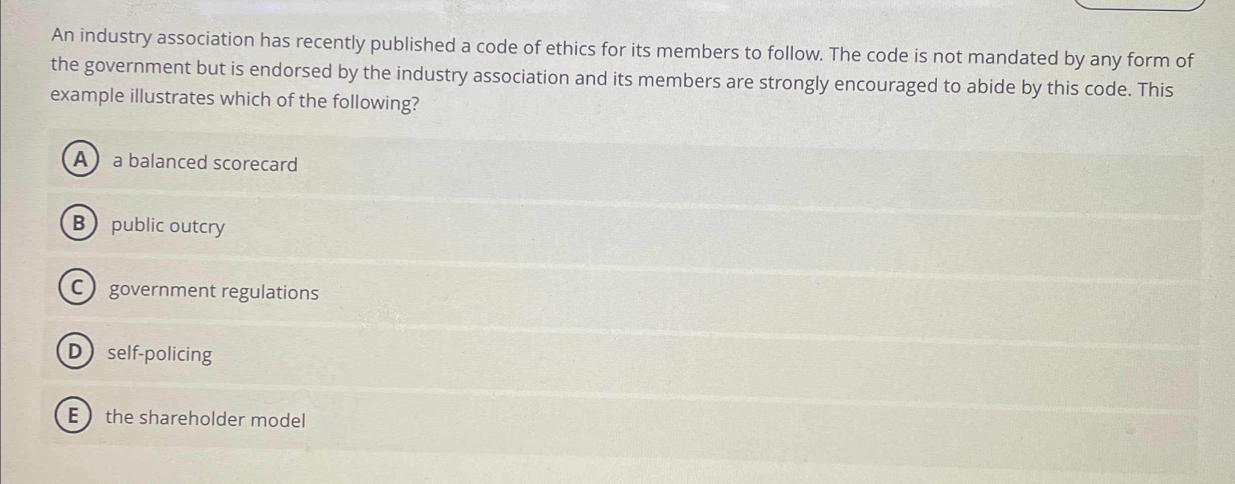  An industry association has recently published a code of ethics for