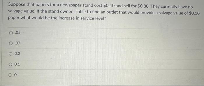  Suppose that papers for a newspaper stand cost \\( \\$ 0.40