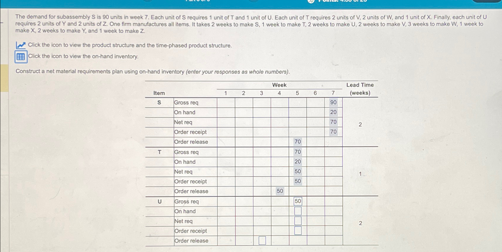  The demand for subassembly S is 90 units in week 7.