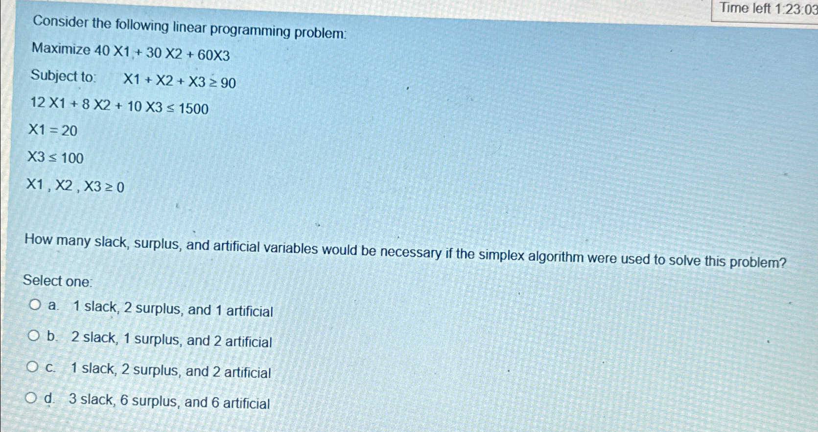  Time left 1:23.03 Consider the following linear programming problem: Maximize 401+302+603