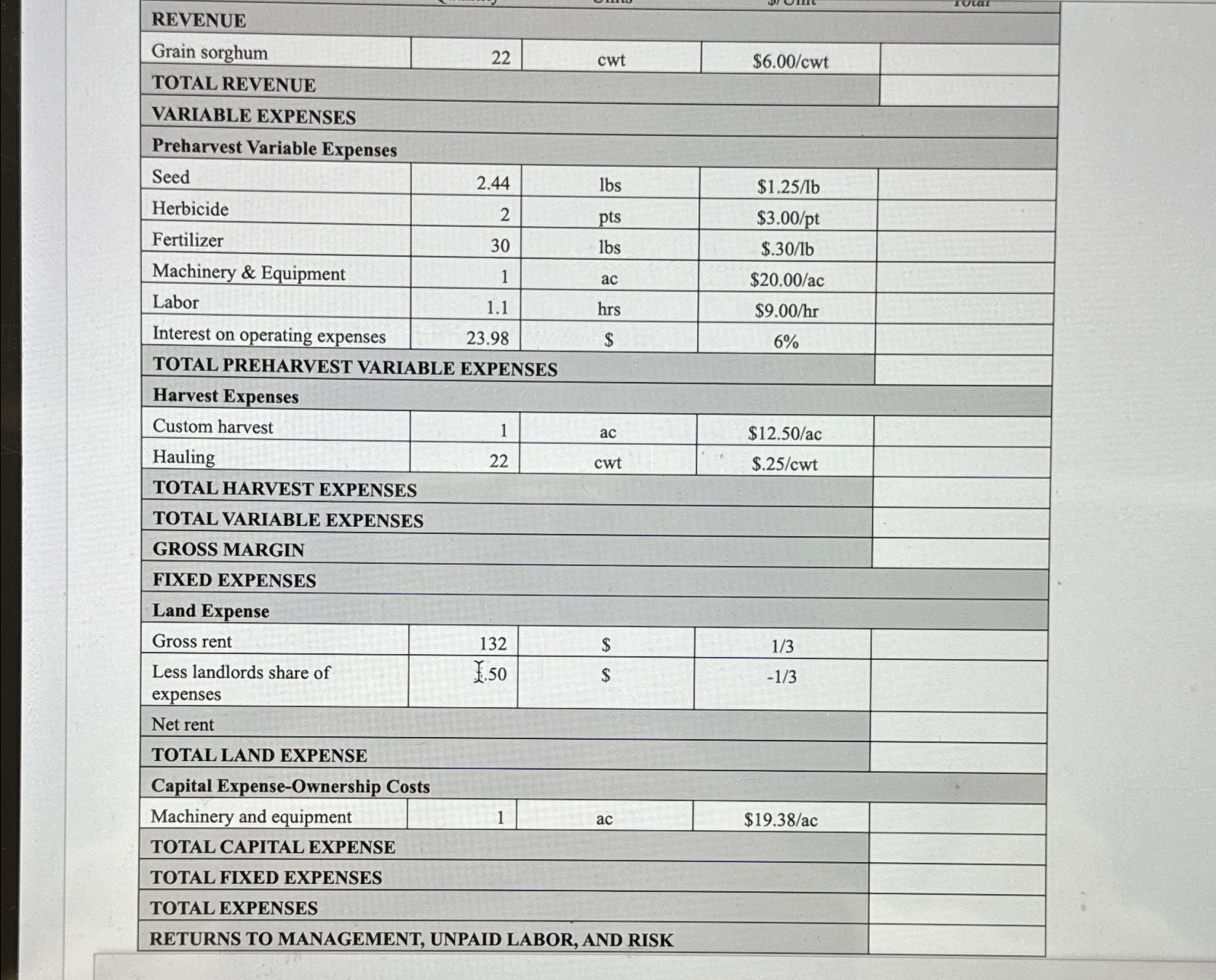  \table[[REVENUE],[Grain sorghum,22,cwt,$6.00cwt,],[TOTAL REVENUE],[VARIABLE EXPENSES],[Preharvest Variable Expenses],[Seed,2.44,lbs,$1.25lb,],[Herbicide,2,pts,$3.00pt,],[Fertilizer,30,lbs,$.301b,],[Machinery & Equipment,1,ac,$20.00ac,],[Labor,1.1,hrs,$9.00hr,],[Interest on operating expenses,23.98,$,6%,],[TOTAL