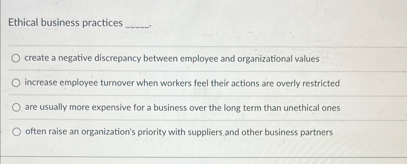  Ethical business practices create a negative discrepancy between employee and organizational