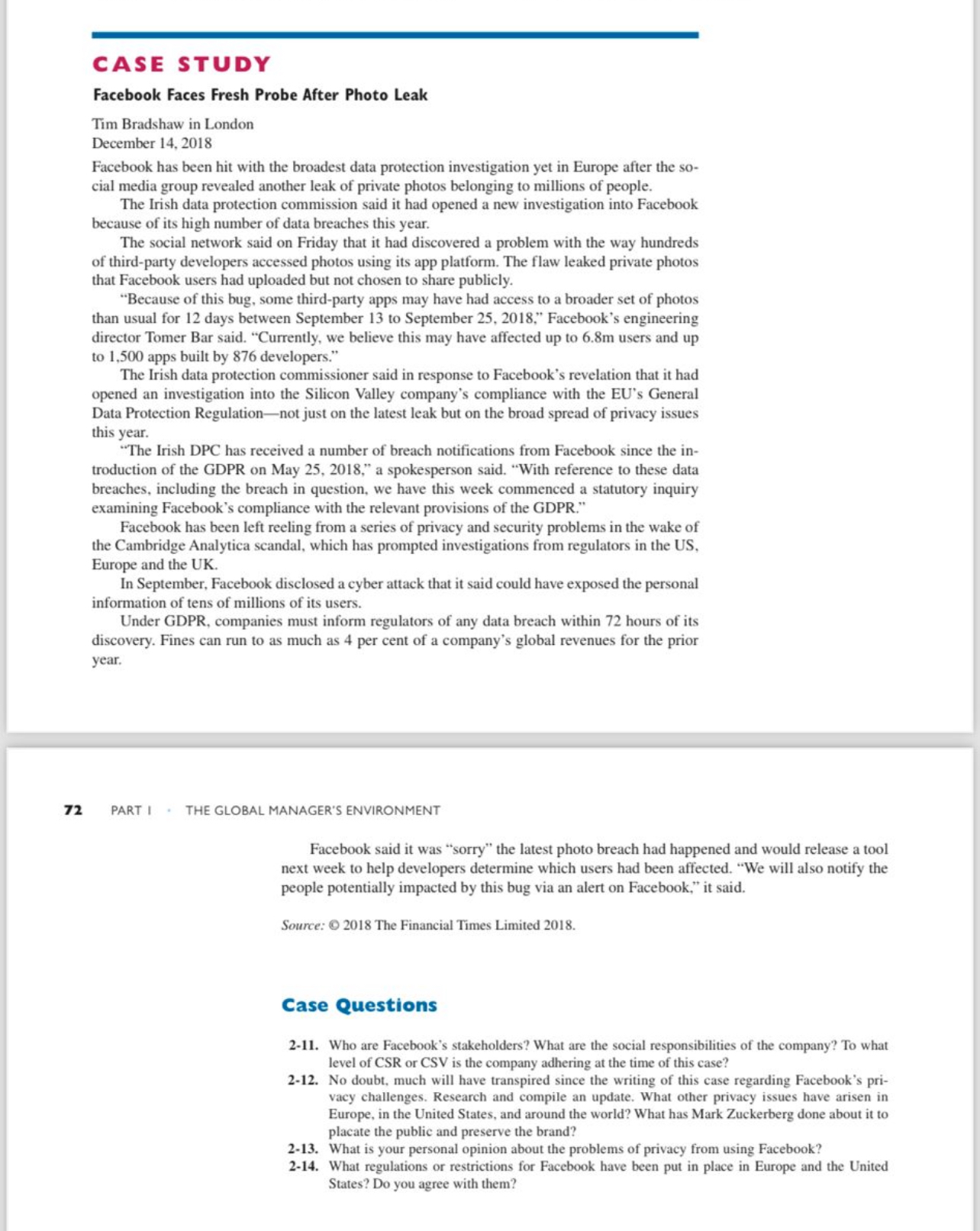  CASE STUDY Facebook Faces Fresh Probe After Photo Leak Tim Bradshaw