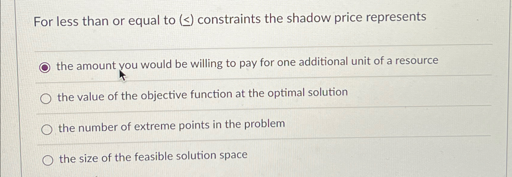  For less than or equal to () constraints the shadow price