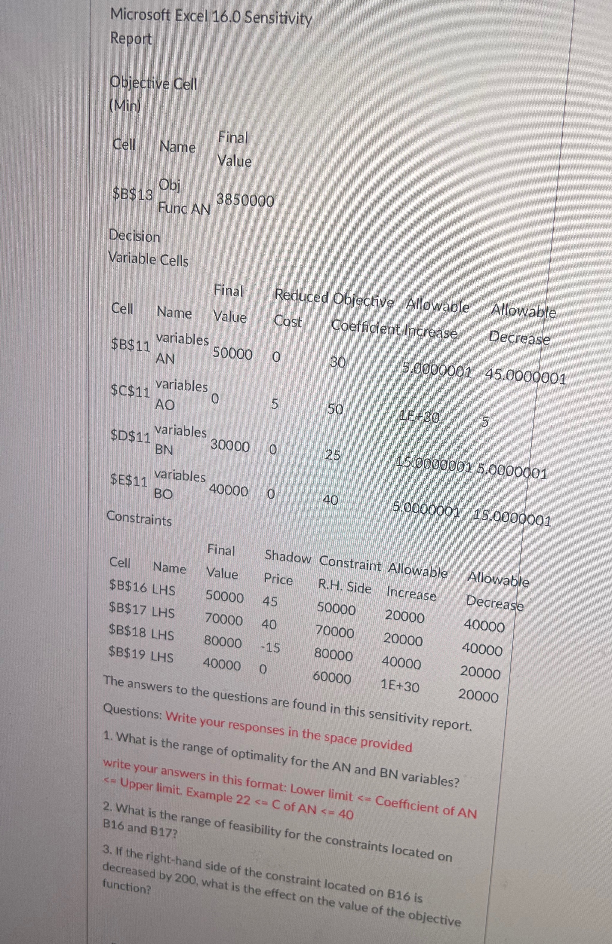  Microsoft Excel 16.0 Sensitivity Report The answers to the questions are