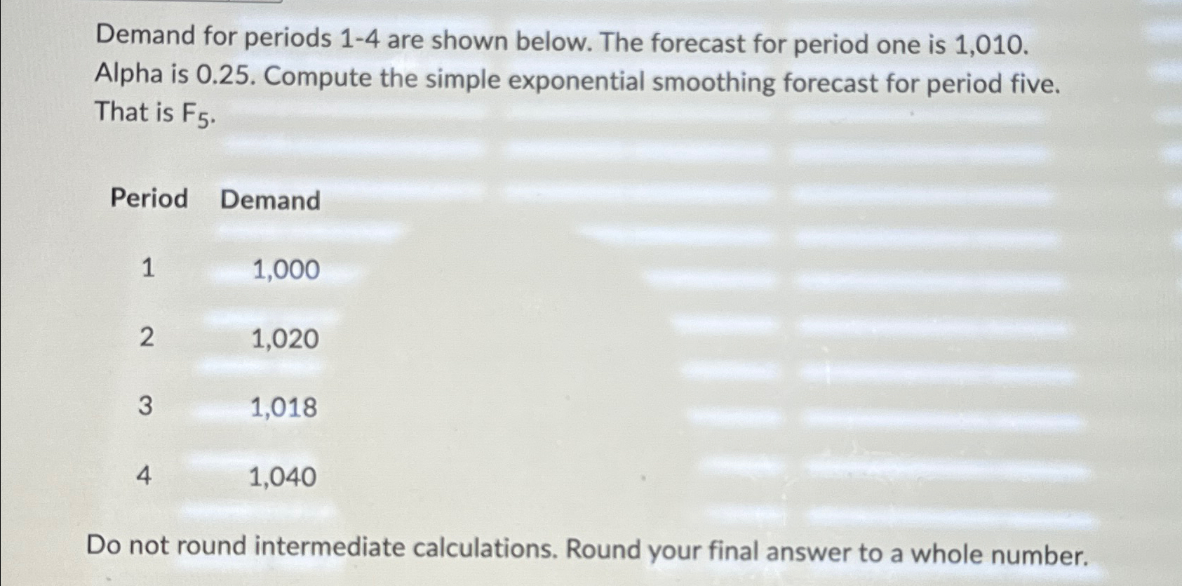  Demand for periods 1-4 are shown below. The forecast for period