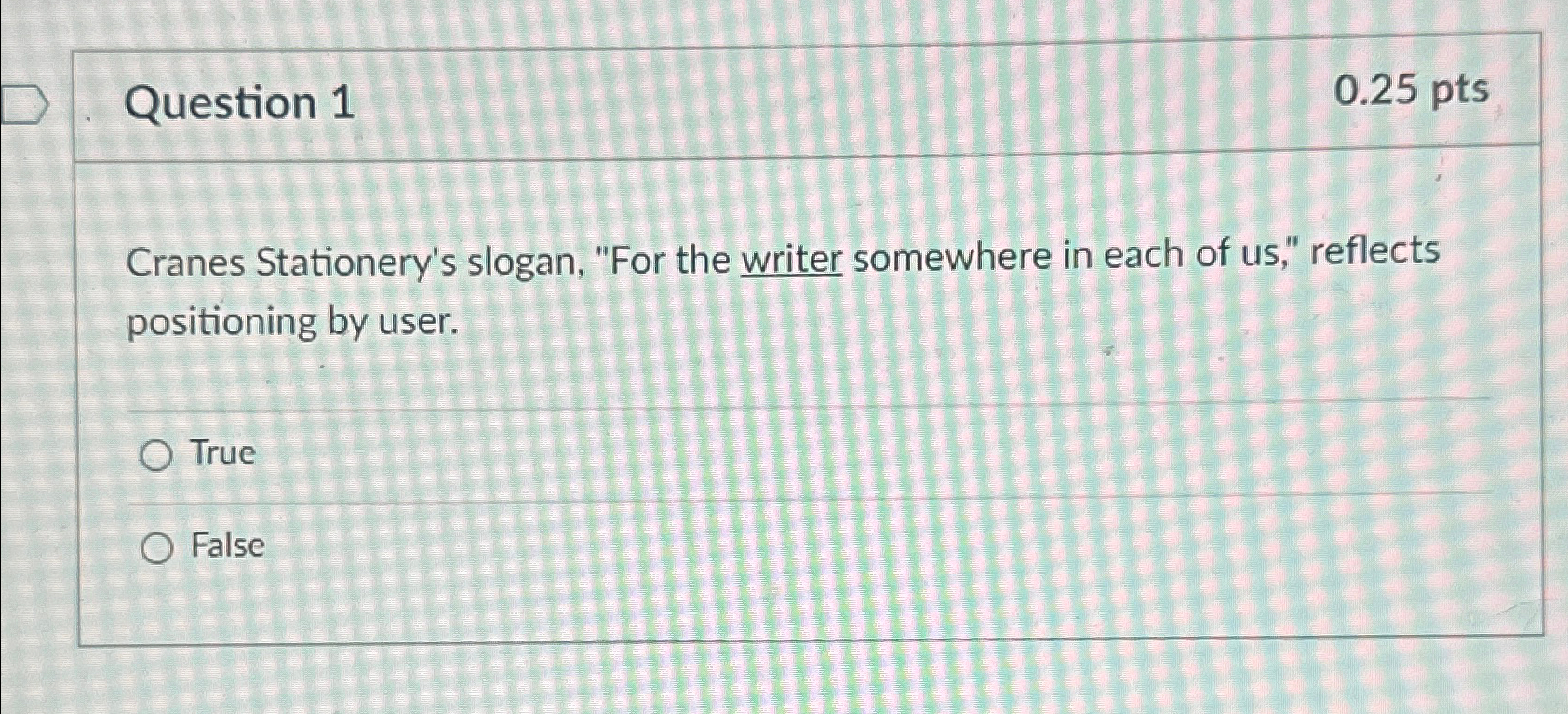  Question 1 0.25 pts Cranes Stationery's slogan, "For the writer somewhere