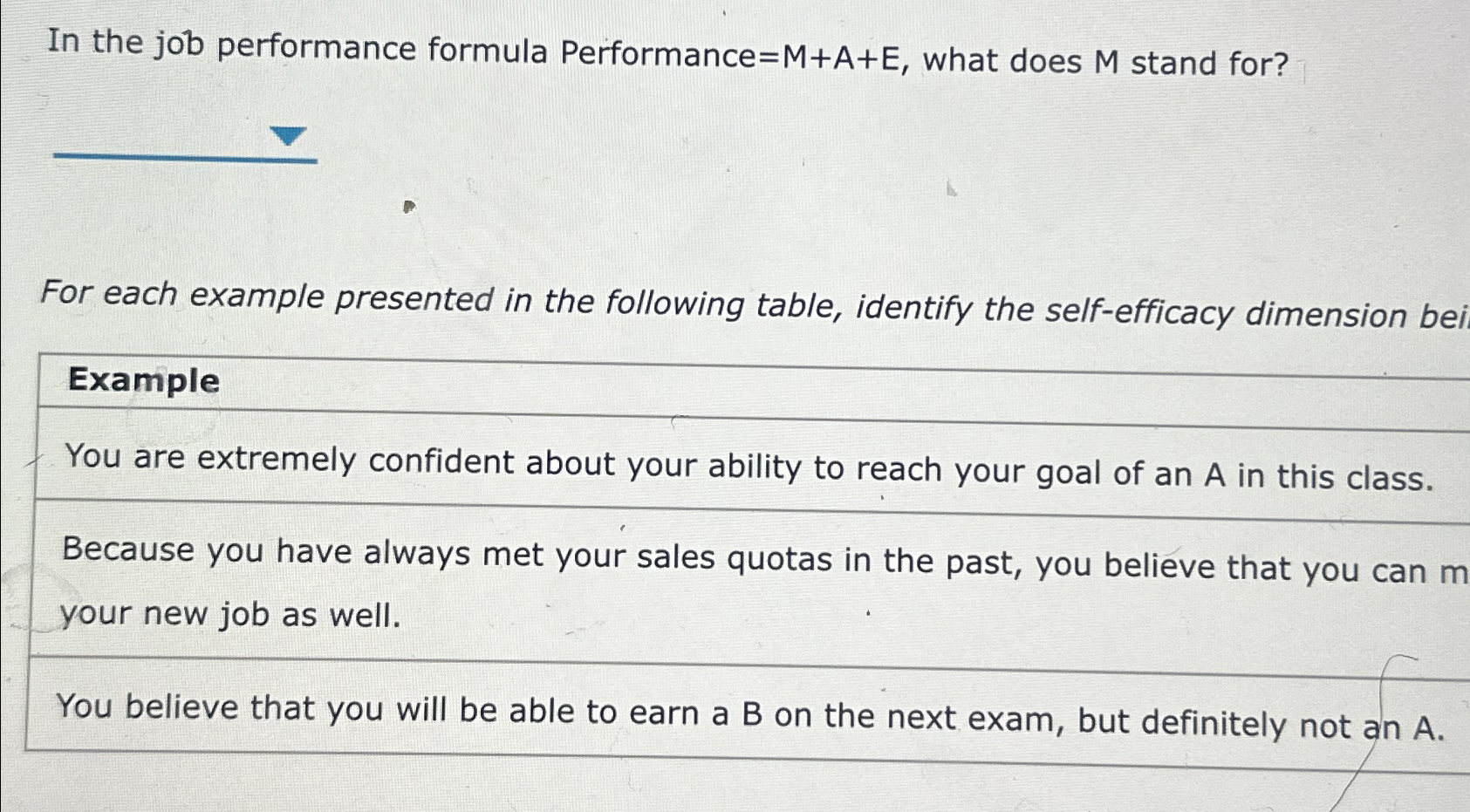  In the job performance formula Performance =M+A+E, what does M stand