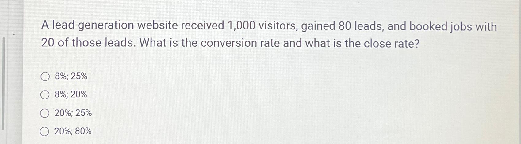  A lead generation website received 1,000 visitors, gained 80 leads, and