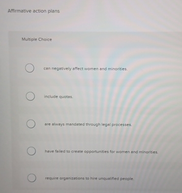  Affirmative action plans Multiple Choice can negatively affect wamen and minorities.
