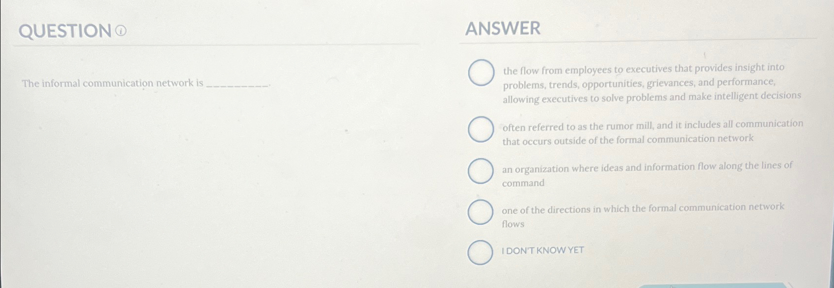  QUESTION (1) ANSWER The informal communication network is the flow from