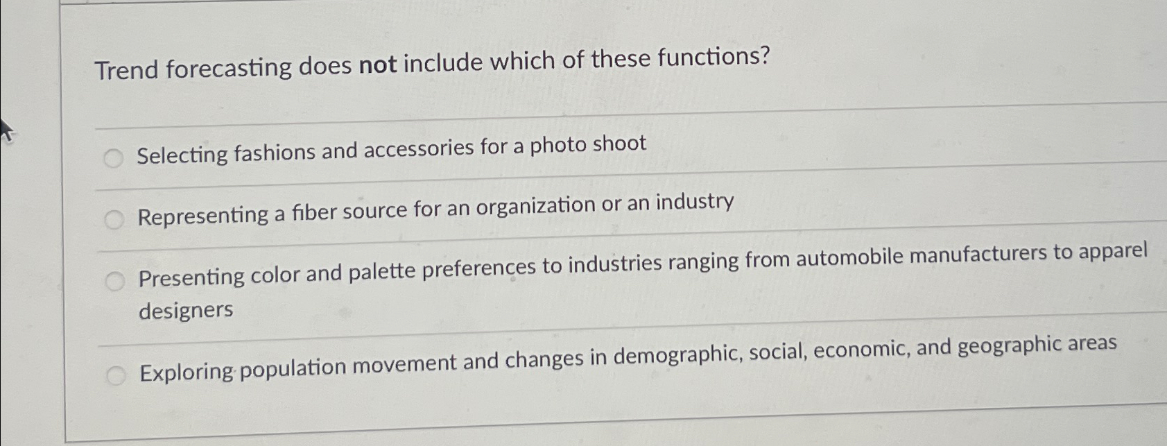  Trend forecasting does not include which of these functions? Selecting fashions