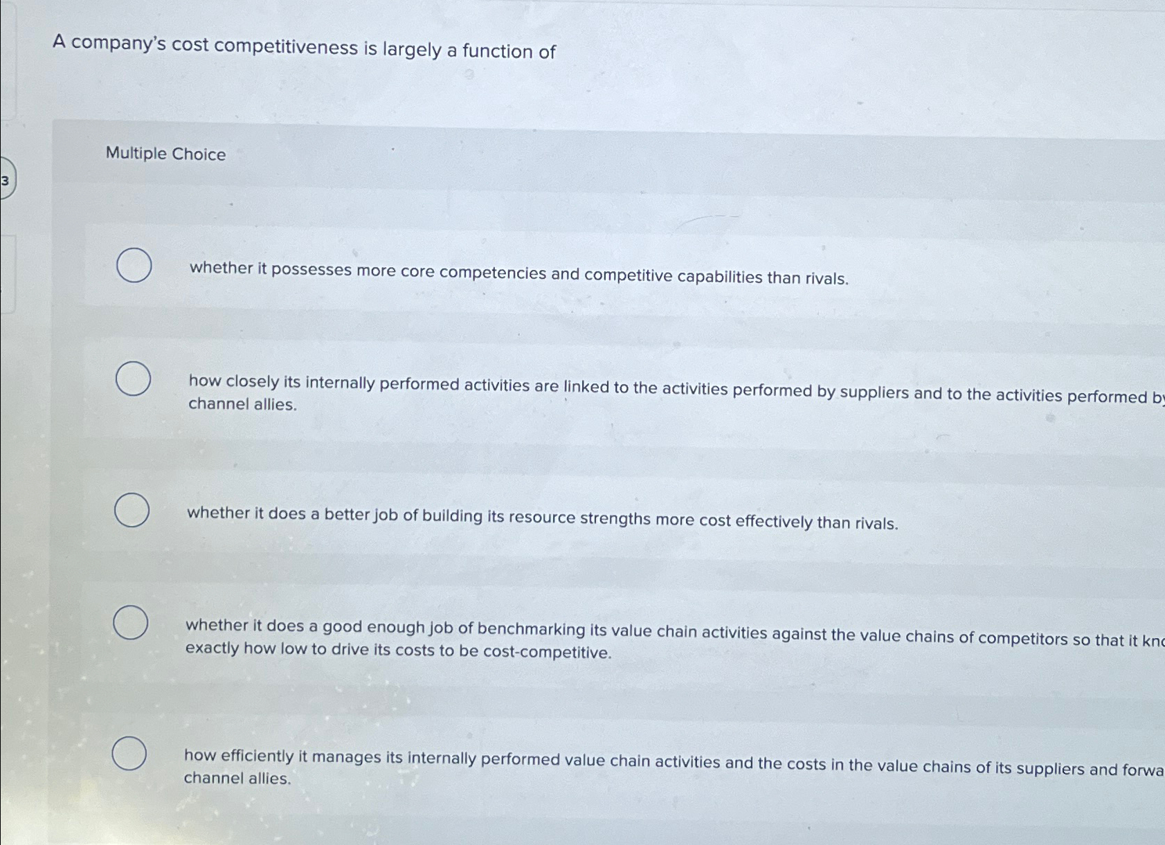  A company's cost competitiveness is largely a function of Multiple Choice