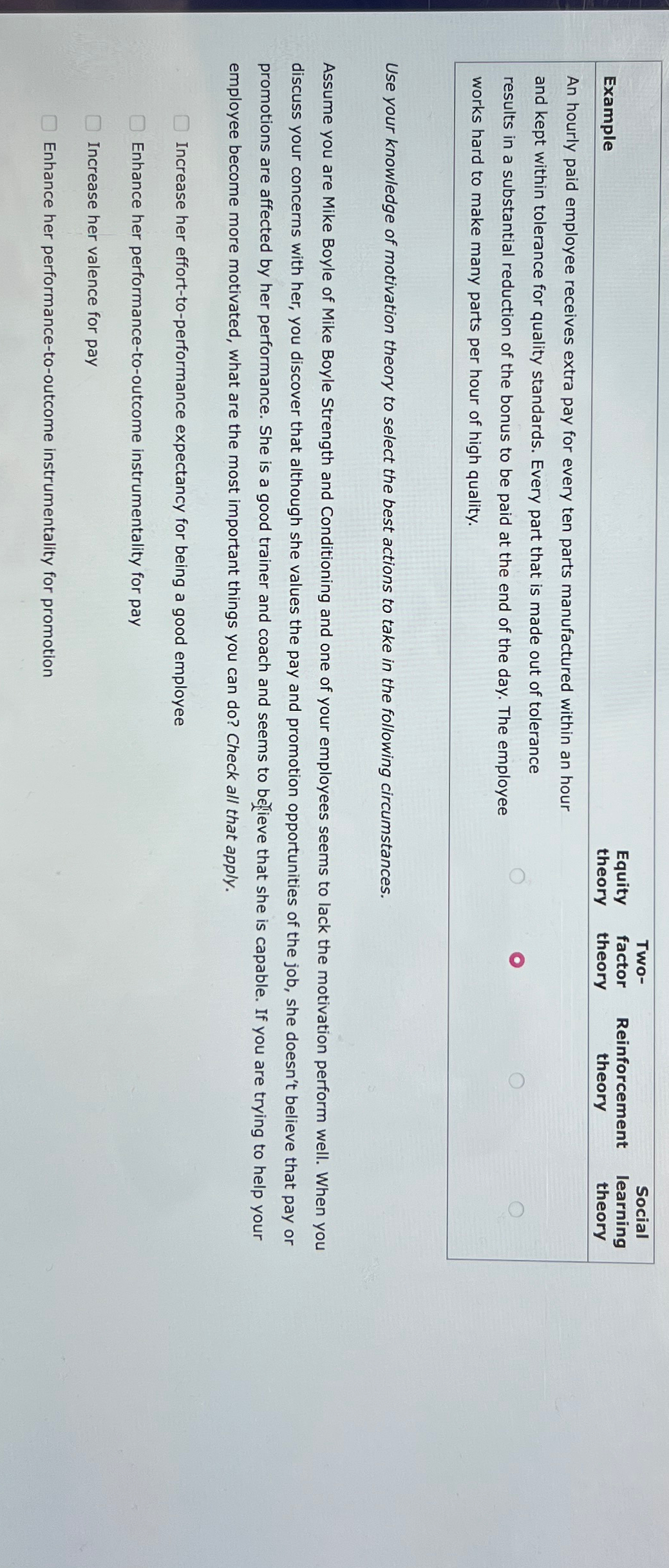  \table[[Example,\table[[Equity],[theory],[factor],[theory]] \table[[Reinforcement],[theory]] \table[[Social],[theorning]]],[An hourly paid employee receives extra pay for every