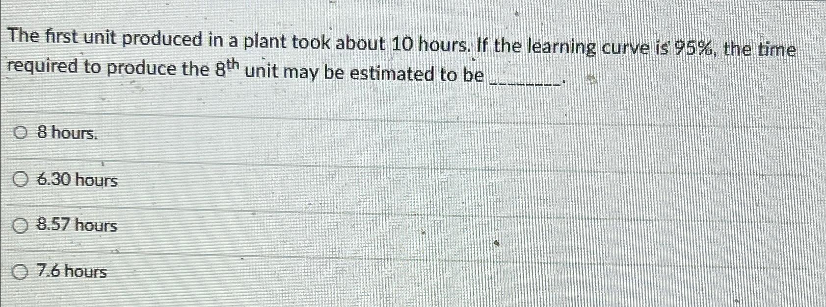  The first unit produced in a plant took about 10 hours.