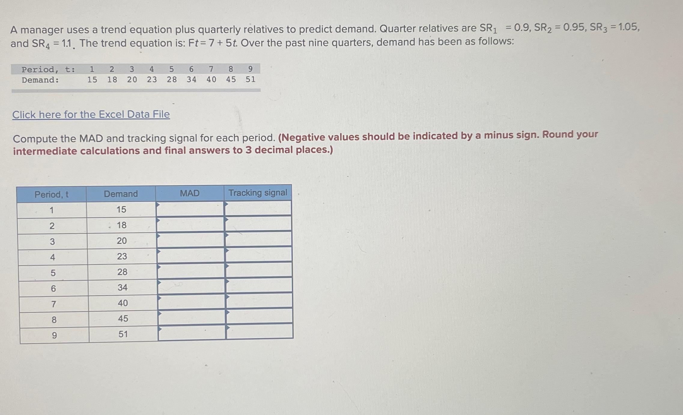  A manager uses a trend equation plus quarterly relatives to predict