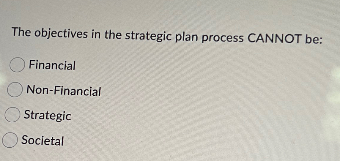  The objectives in the strategic plan process CANNOT be: Financial Non-Financial