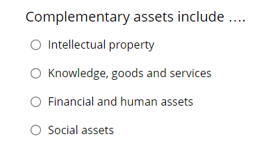  Complementary assets include .... Intellectual property Knowledge, goods and services Financial