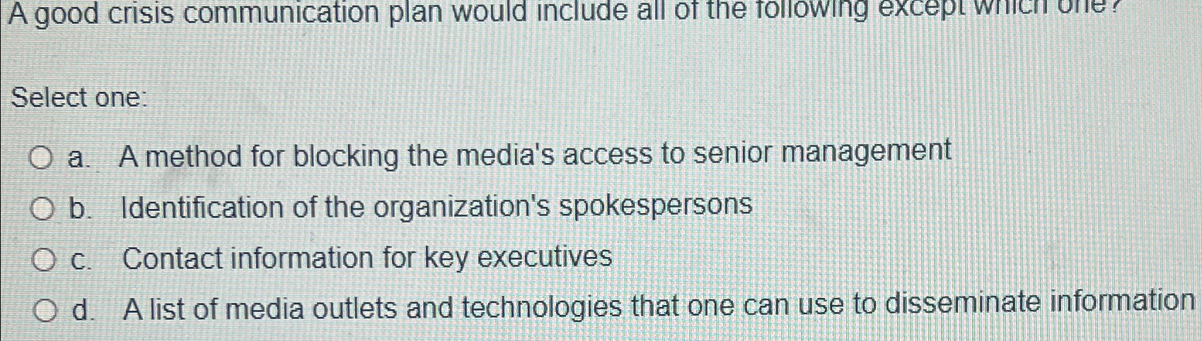  Select one: a. A method for blocking the media's access to