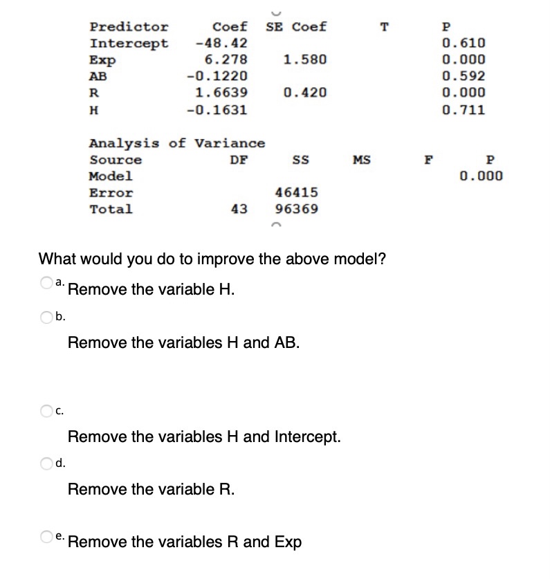  Help with statistic business question Predictor Coef SE Coef Intercept -48.42