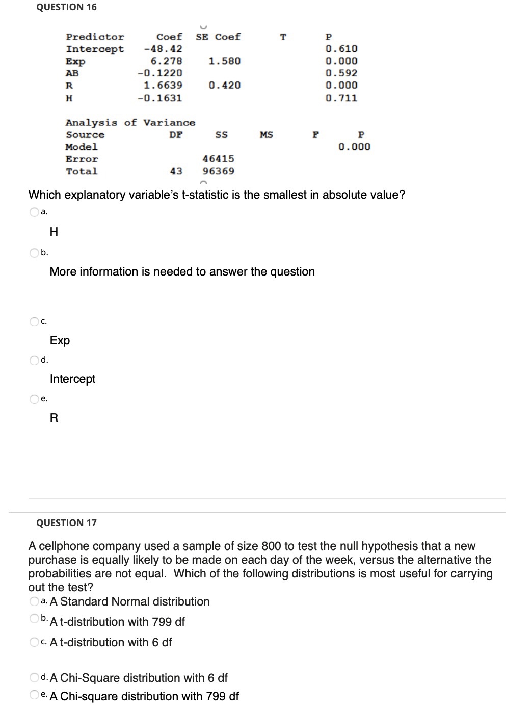 help with these questions QUESTION 16 Predictor Coef SE Coef T P