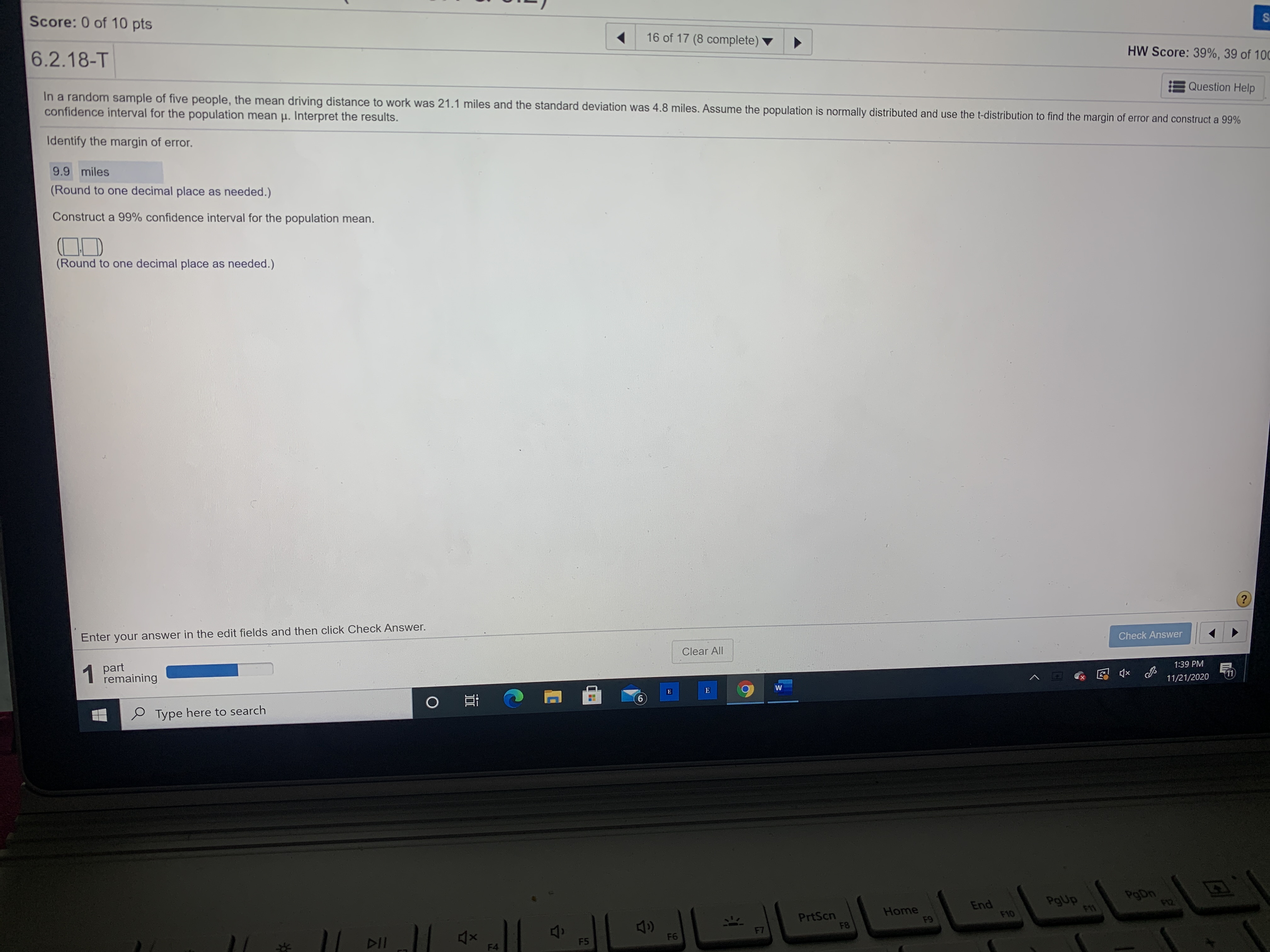 Construct a 99% confidence interval for the population mean. Score: 0 of