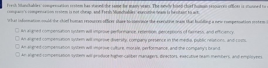  Fresh Munchables' compensation system has stayed the same for many years.
