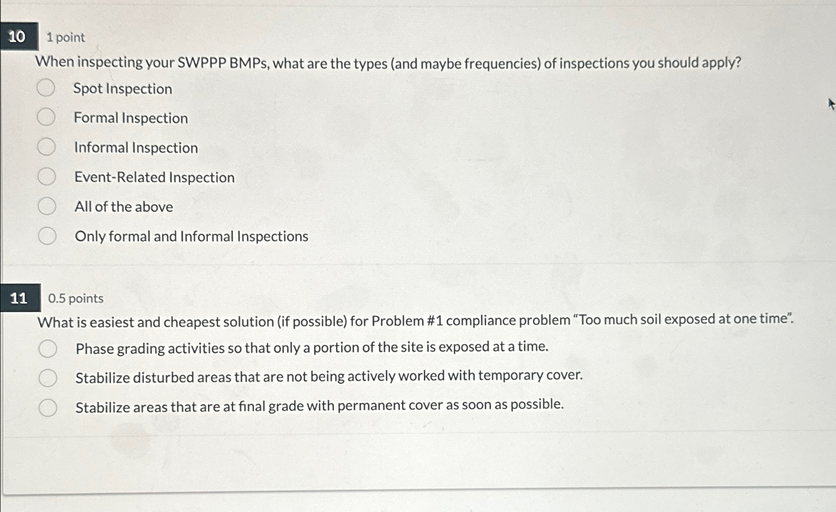  101 point When inspecting your SWPPP BMPs, what are the types