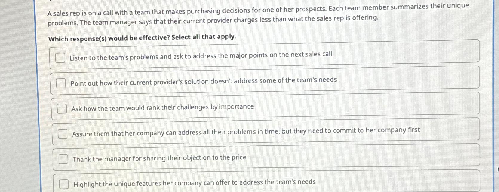  A sales rep is on a call with a team that