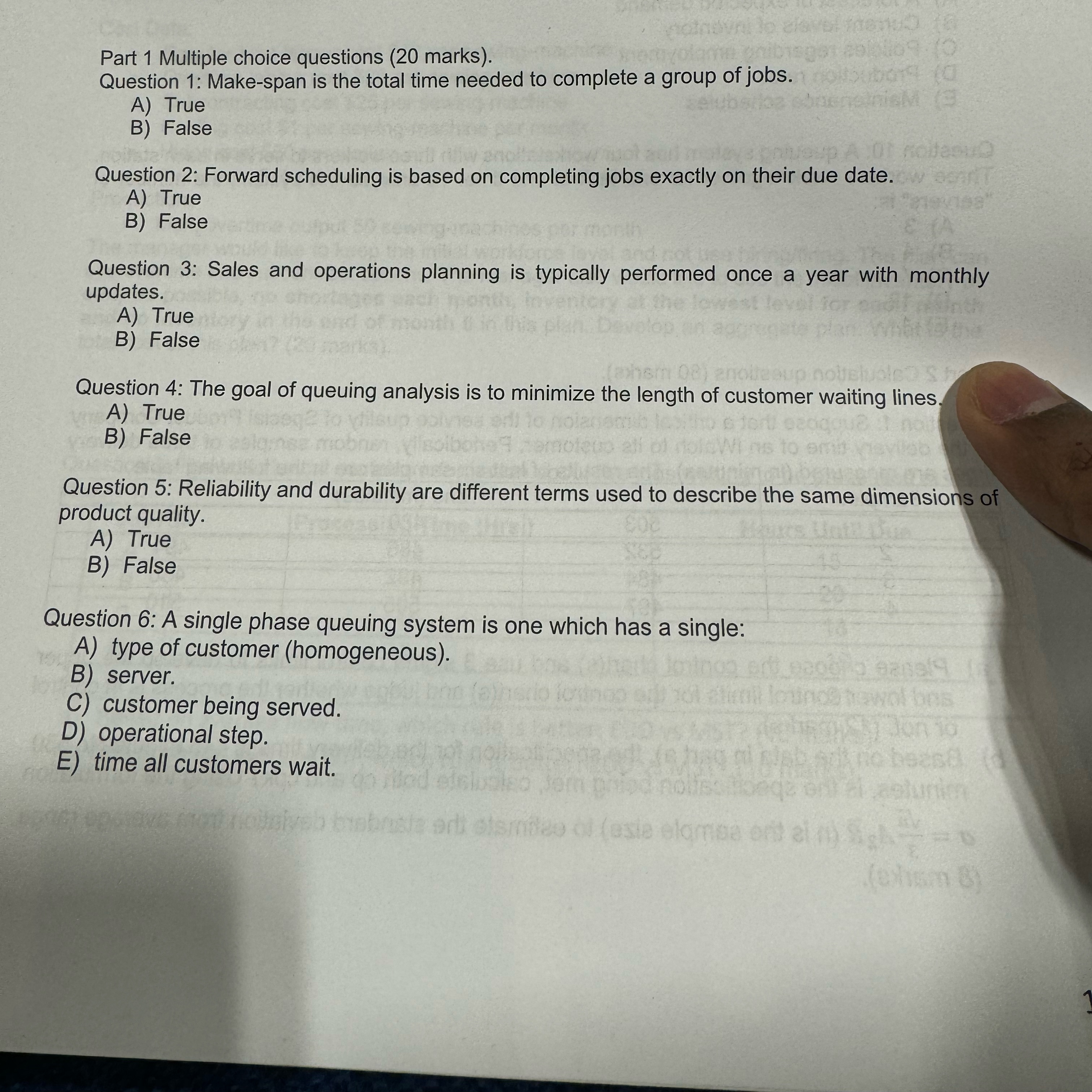  Part 1 Multiple choice questions (20 marks). Question 1: Make-span is