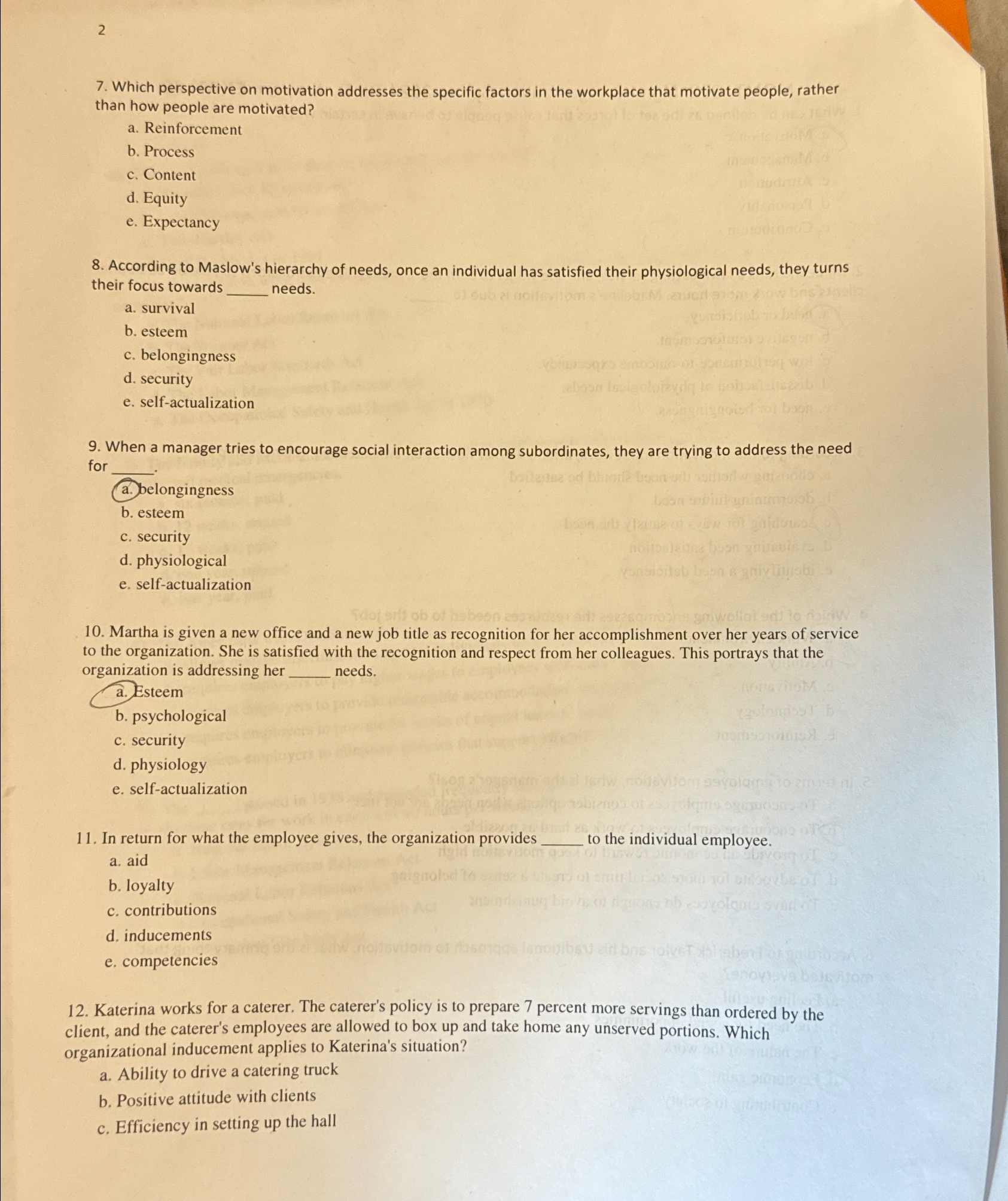  2 7. Which perspective on motivation addresses the specific factors in