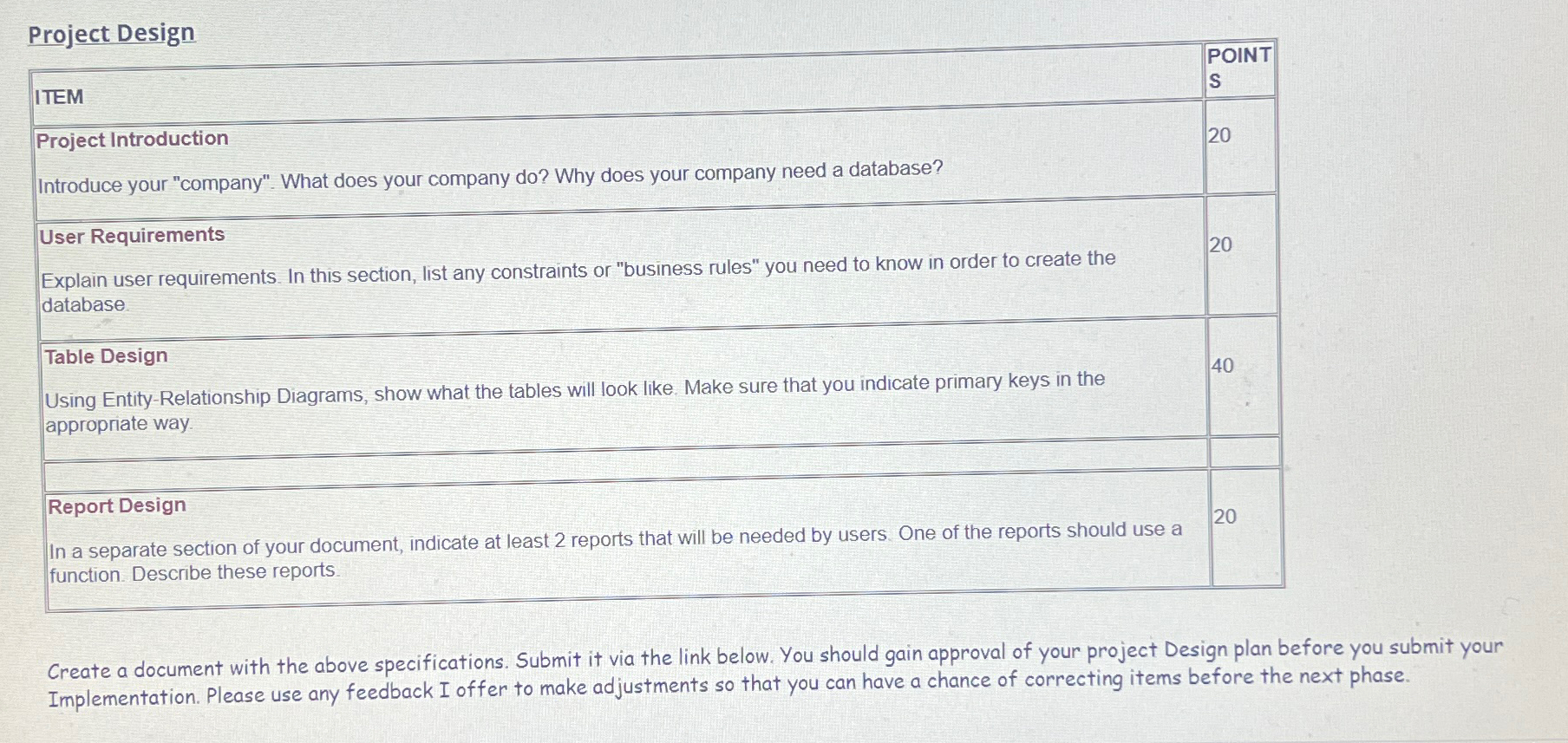  Project Design \table[[ITEM,\table[[POINT],[S]]],[\table[[Project Introduction],[Introduce your "company". What does your company do?