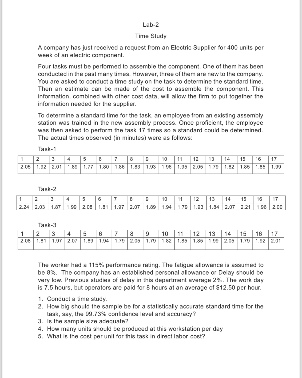  Lab-2 Time Study A company has just received a request from